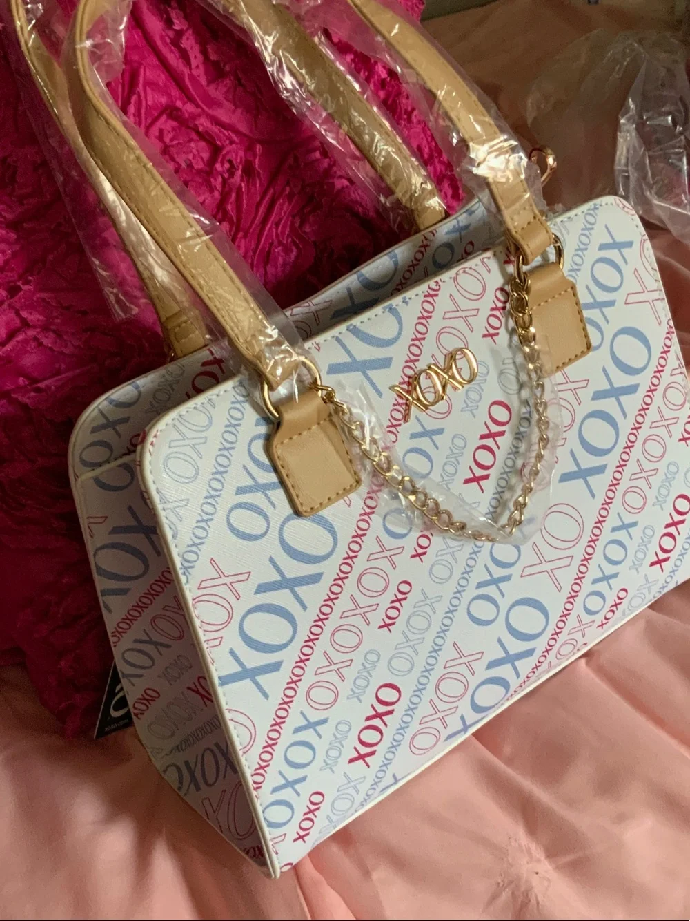 XOXO White Satchel with Red and Blue Logo and Tan Handles